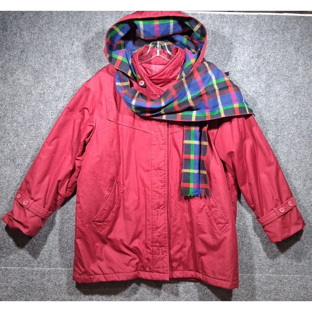 London Fog Vintage Red Hooded Parka Coat with Detachable Plaid Scarf Size 16 REG